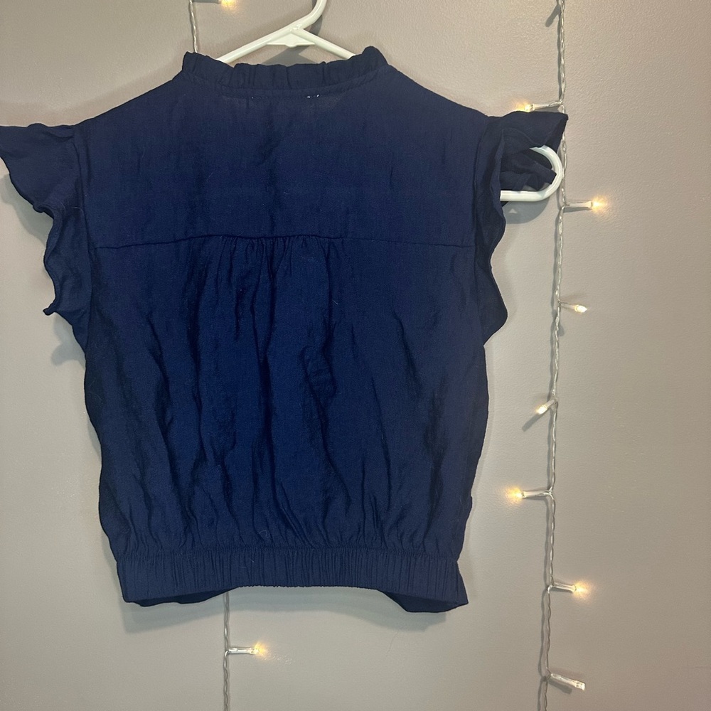 Navy Ruffled Button-Up Blouse - Picture 3 of 3
